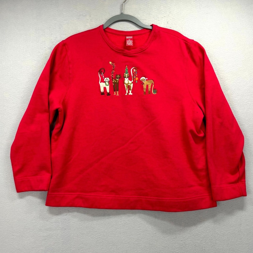 Merry & Bright Holiday Sweatshirt Womens XL Red Embroidered Cats Grandma Sweater